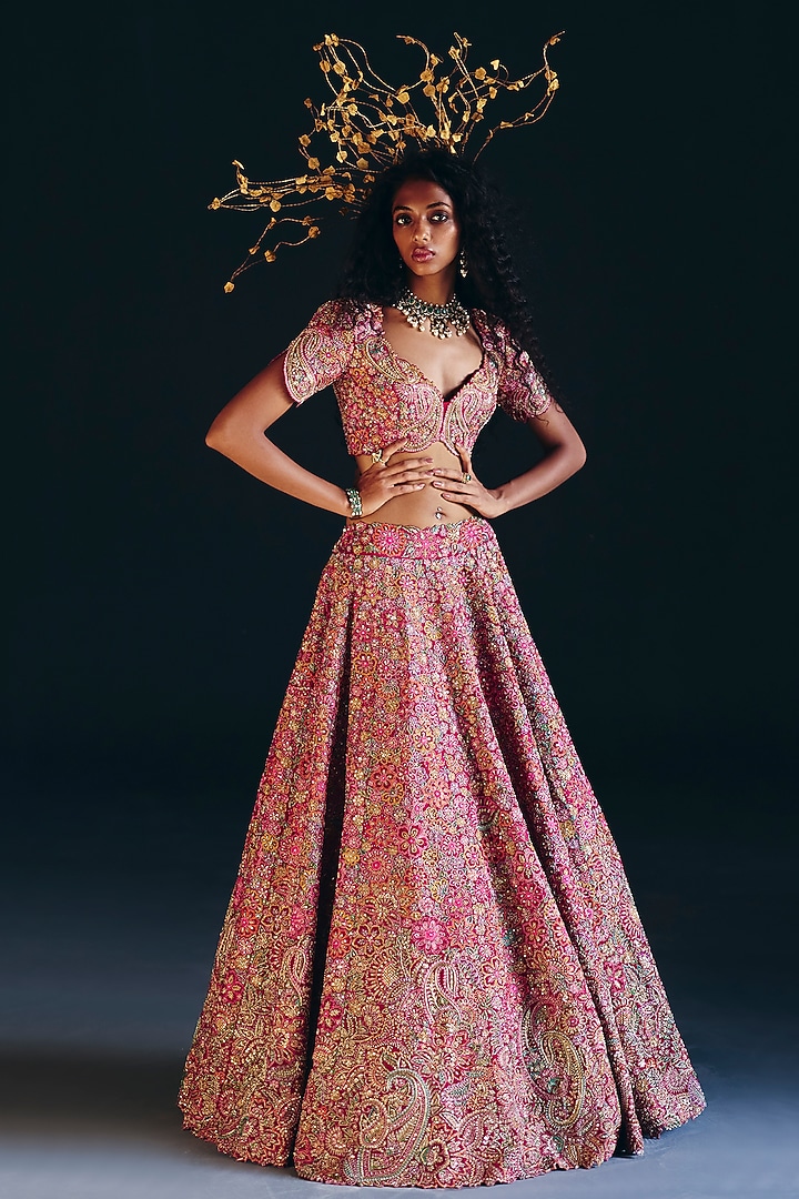 Maroon Silk Zardosi & Paisley Embroidered Bridal Lehenga Set by Mrunalini Rao at Pernia's Pop Up Shop