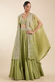 Olive Green Organza Pearl Embroidered Sheer Cape Set by Mrunalini Rao-POPULAR PRODUCTS AT STORE
