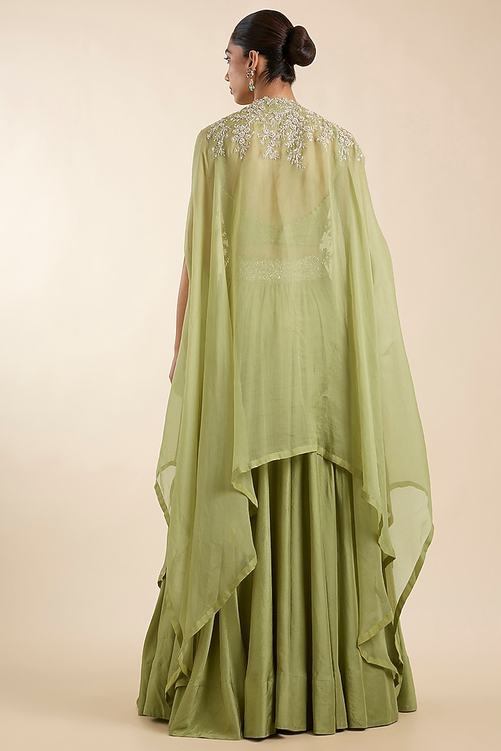 Olive Green Organza Pearl Embroidered Sheer Cape Set by Mrunalini Rao at Pernia's Pop Up Shop