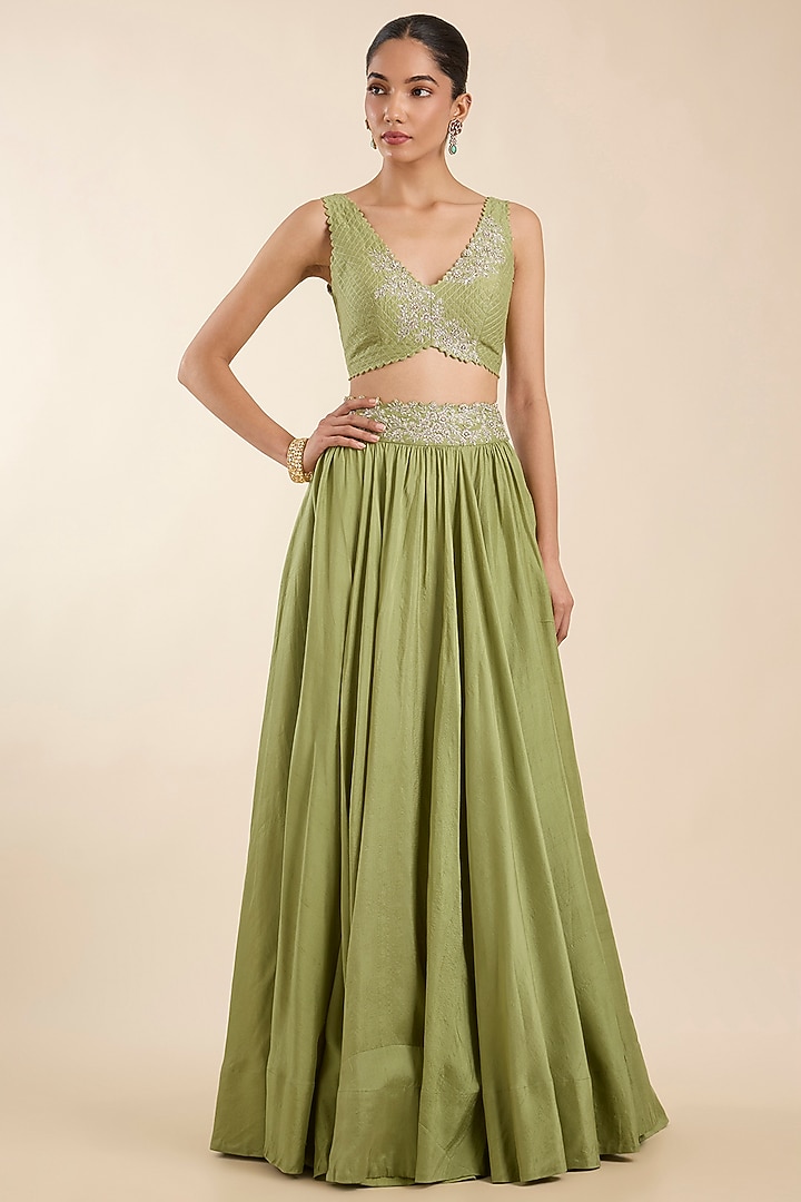 Olive Green Organza Pearl Embroidered Sheer Cape Set by Mrunalini Rao at Pernia's Pop Up Shop