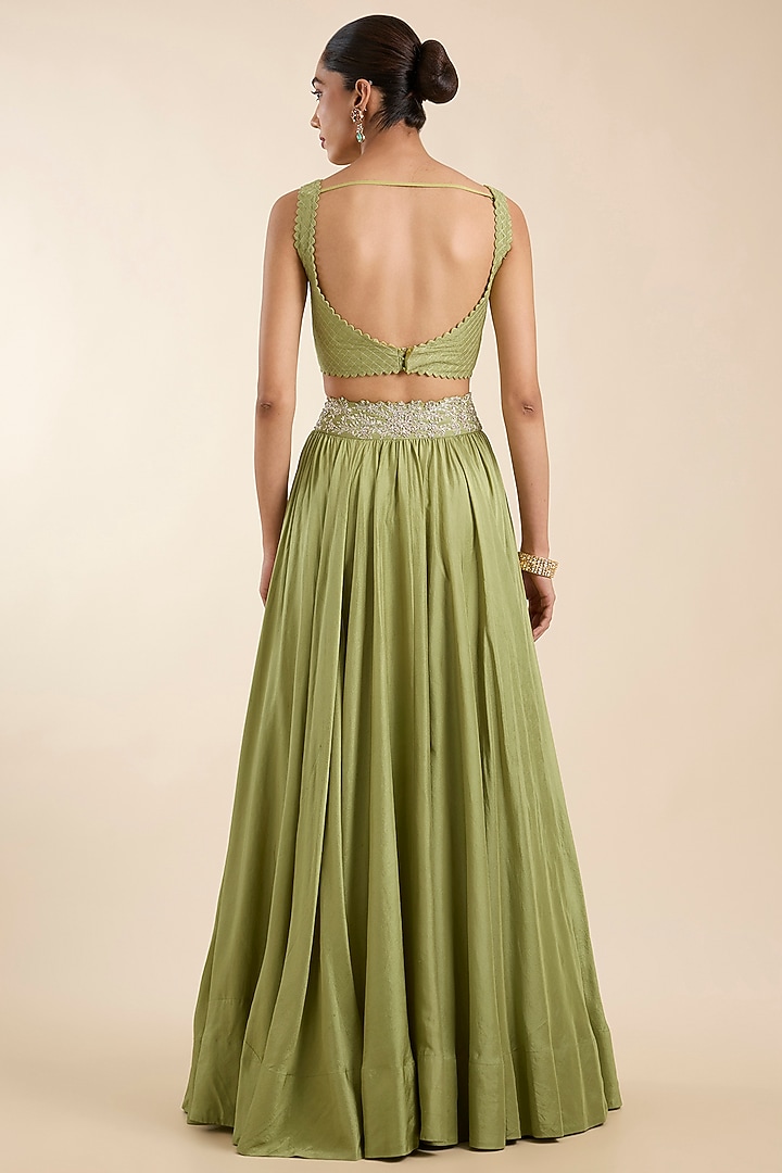Olive Green Organza Pearl Embroidered Sheer Cape Set by Mrunalini Rao at Pernia's Pop Up Shop