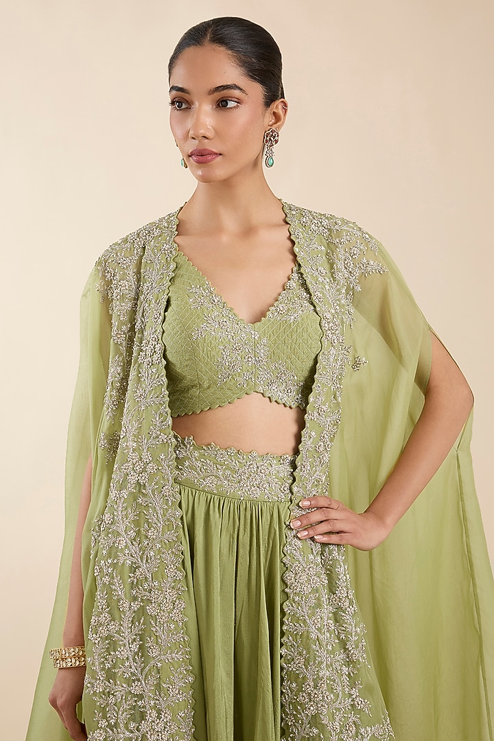 Olive Green Organza Pearl Embroidered Sheer Cape Set by Mrunalini Rao at Pernia's Pop Up Shop