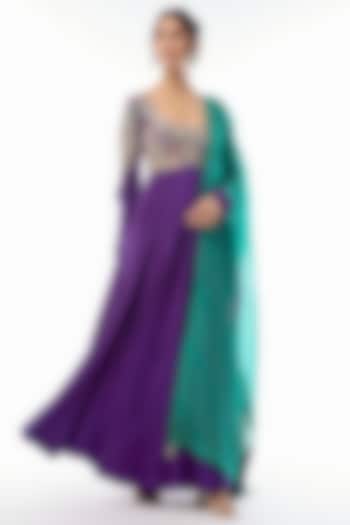 Purple Pure Silk Resham & Pearl Embroidered Bridal Anarkali Set by Mrunalini Rao at Pernia's Pop Up Shop