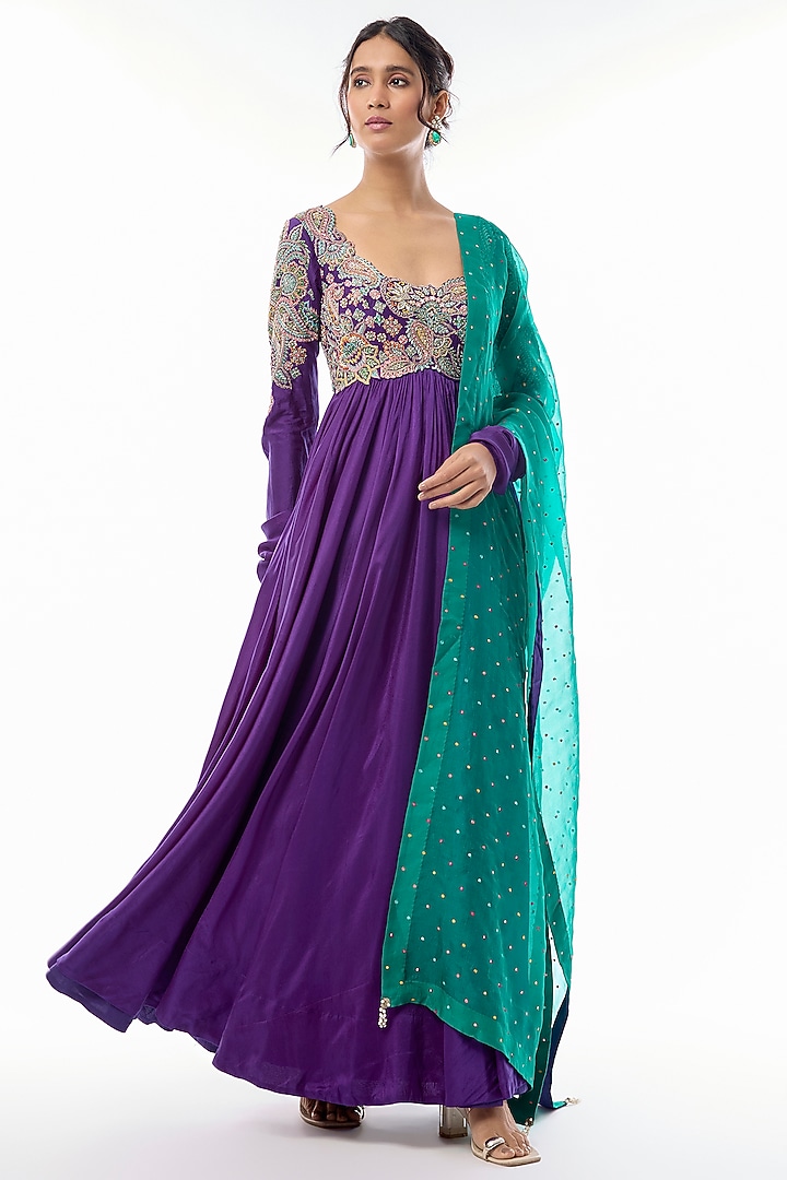 Purple Pure Silk Resham & Pearl Embroidered Bridal Anarkali Set by Mrunalini Rao at Pernia's Pop Up Shop