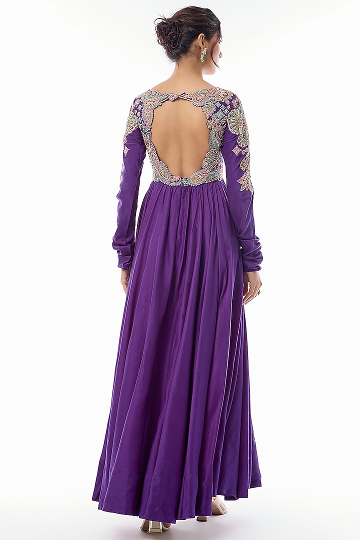 Purple Pure Silk Resham & Pearl Embroidered Bridal Anarkali Set by Mrunalini Rao at Pernia's Pop Up Shop
