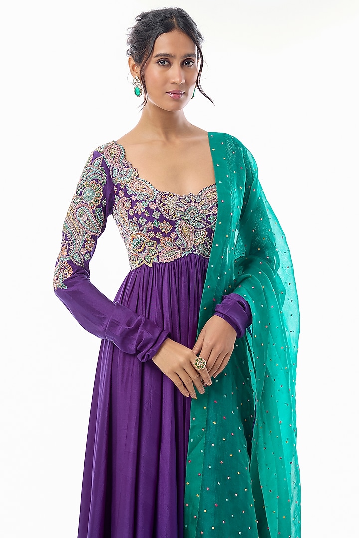 Purple Pure Silk Resham & Pearl Embroidered Bridal Anarkali Set by Mrunalini Rao at Pernia's Pop Up Shop