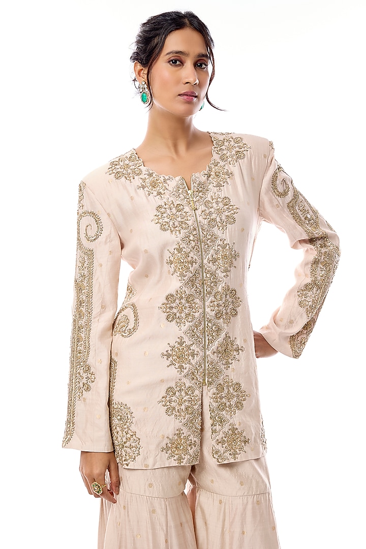 Ivory Silk Zardosi & Pearl Embroidered Bridal Sharara Set by Mrunalini Rao at Pernia's Pop Up Shop