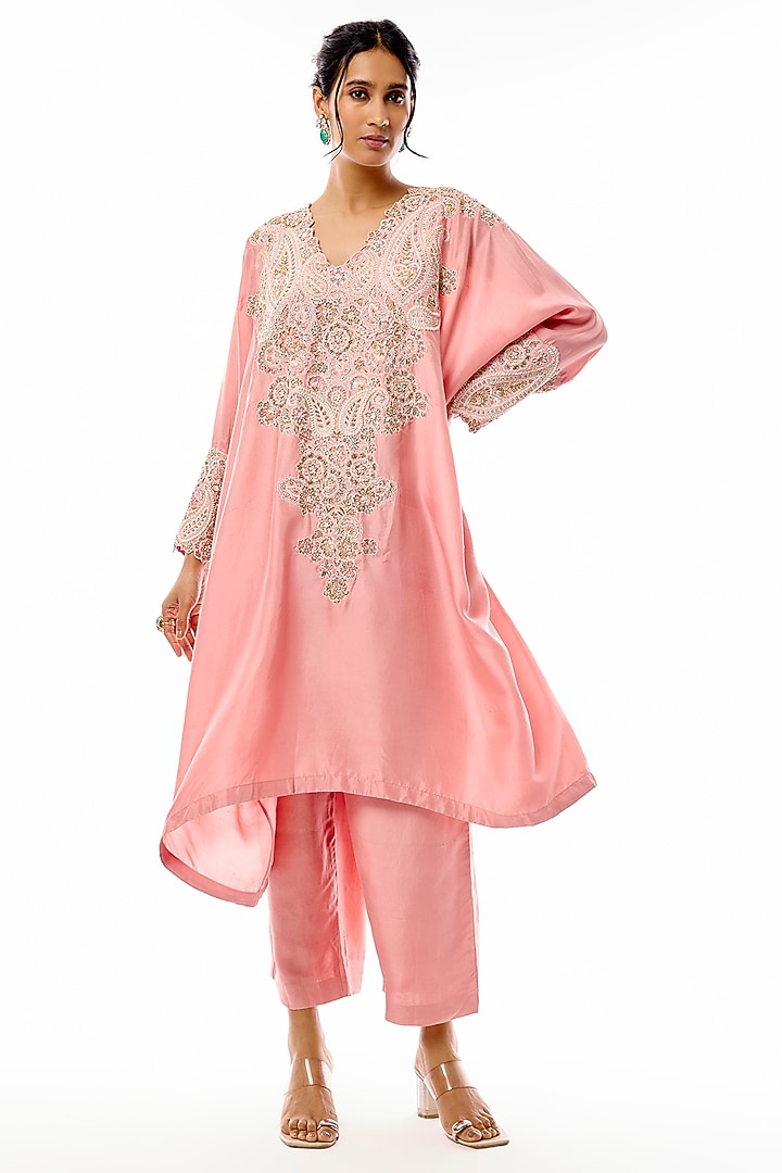 Pink Pure Silk Zardosi Hand Embroidered Kurta Set by Mrunalini Rao at Pernia's Pop Up Shop