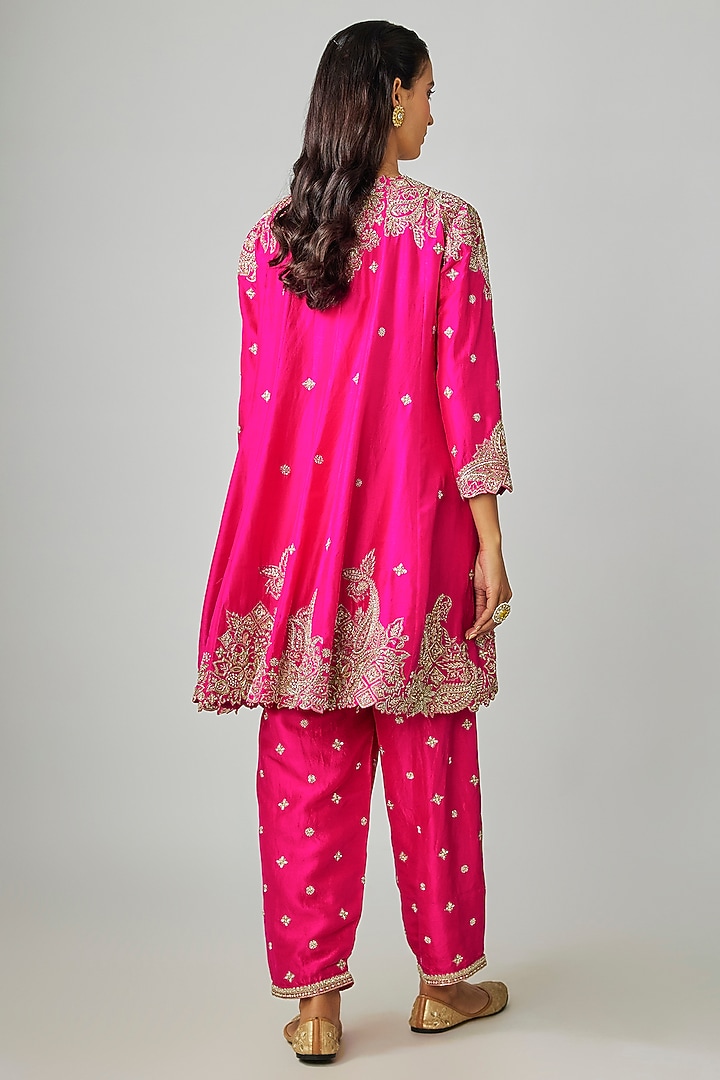 Fuchsia Pink Pure Silk Zardosi Hand Embroidered Short Kurta Set by Mrunalini Rao at Pernia's Pop Up Shop