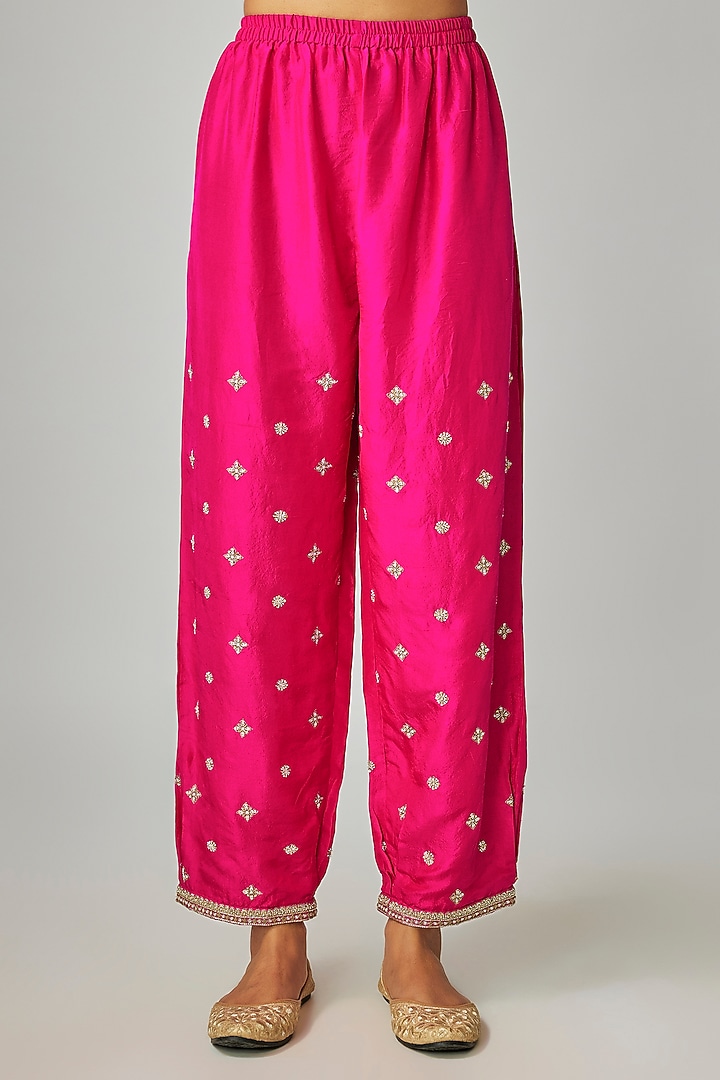 Fuchsia Pink Pure Silk Zardosi Hand Embroidered Short Kurta Set by Mrunalini Rao at Pernia's Pop Up Shop