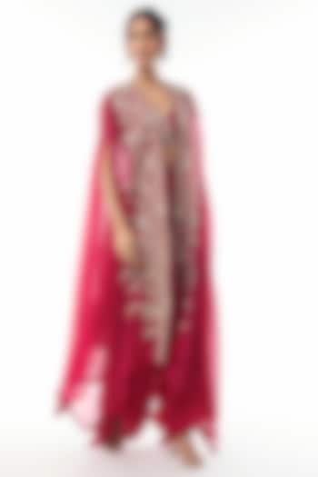 Red Sheer Organza Pearl Embroidered Cape Set by Mrunalini Rao at Pernia's Pop Up Shop