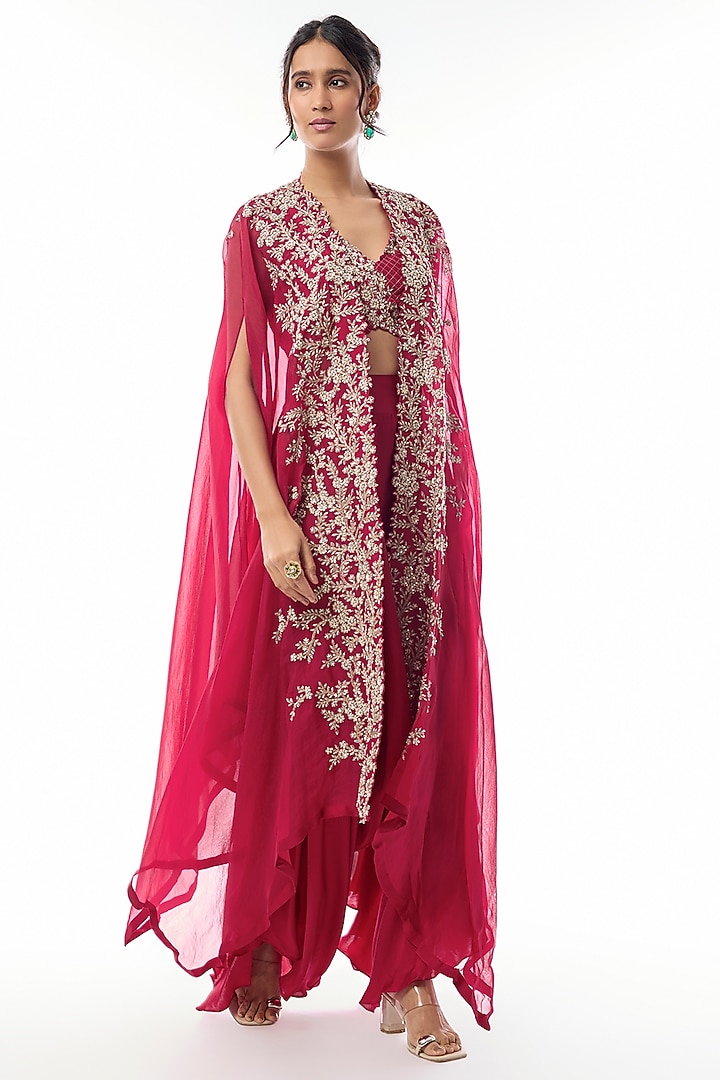 Red Sheer Organza Pearl Embroidered Cape Set by Mrunalini Rao at Pernia's Pop Up Shop