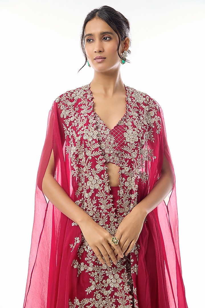 Red Sheer Organza Pearl Embroidered Cape Set by Mrunalini Rao at Pernia's Pop Up Shop