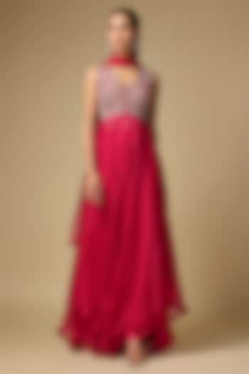 Red Raw Silk & Organza Zardosi Embroidered Bridal Anarkali Set by Mrunalini Rao at Pernia's Pop Up Shop