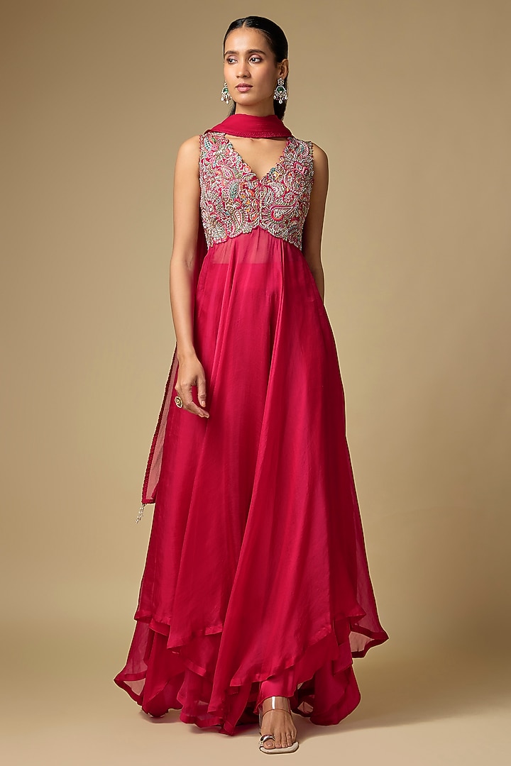 Red Raw Silk & Organza Zardosi Embroidered Bridal Anarkali Set by Mrunalini Rao at Pernia's Pop Up Shop