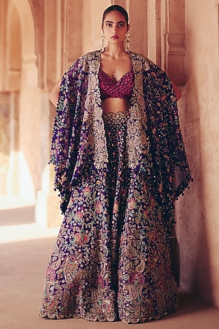 Purple Silk 3D Organza Floral Embroidered Jacket Lehenga Set by Mrunalini Rao