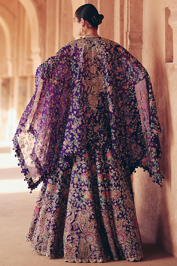 Purple Silk 3D Organza Floral Embroidered Jacket Bridal Lehenga Set by Mrunalini Rao at Pernia's Pop Up Shop