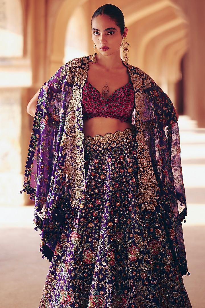 Purple Silk 3D Organza Floral Embroidered Jacket Bridal Lehenga Set by Mrunalini Rao at Pernia's Pop Up Shop