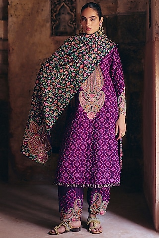 Burgundy Silk Resham & Zardosi Embroidered Straight Kurta Set by Mrunalini Rao