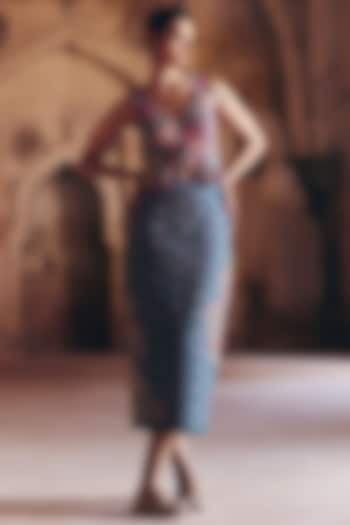 Teal Raw Silk Zardosi & Pearl Embroidered Pencil Skirt Set by Mrunalini Rao at Pernia's Pop Up Shop