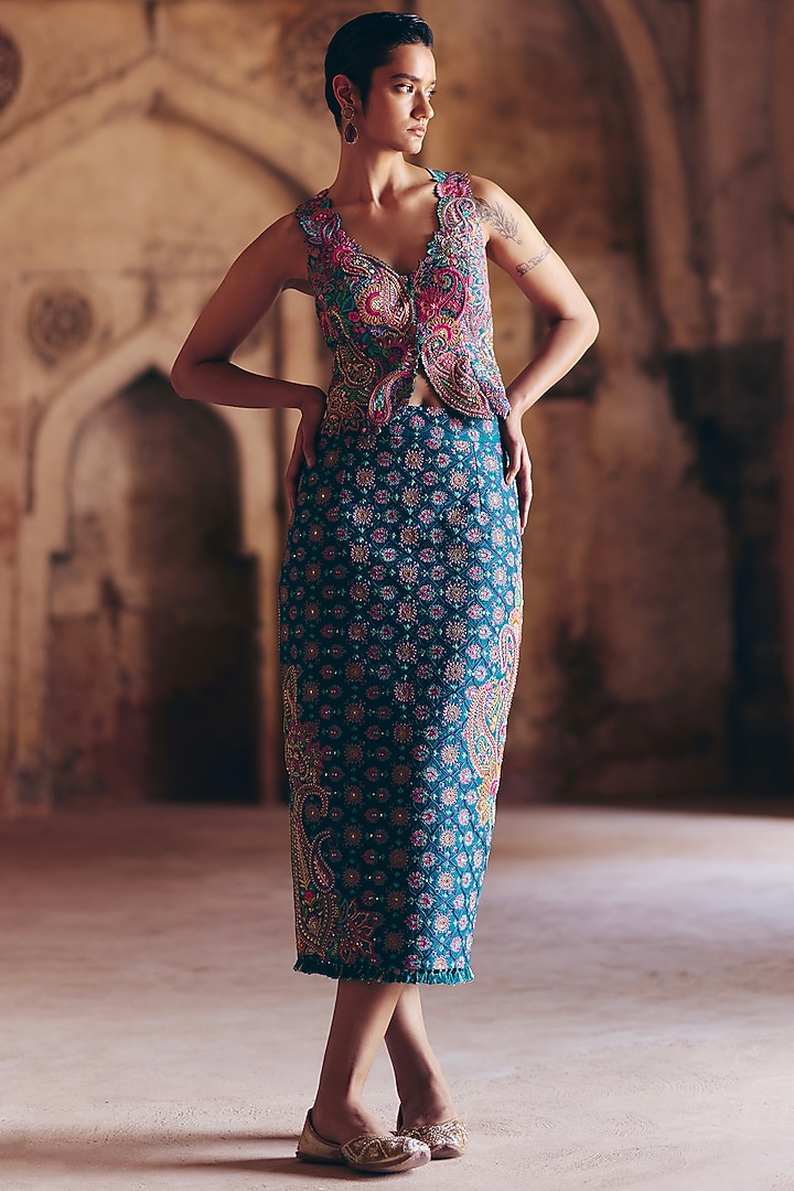 Teal Raw Silk Zardosi & Pearl Embroidered Pencil Skirt Set by Mrunalini Rao at Pernia's Pop Up Shop