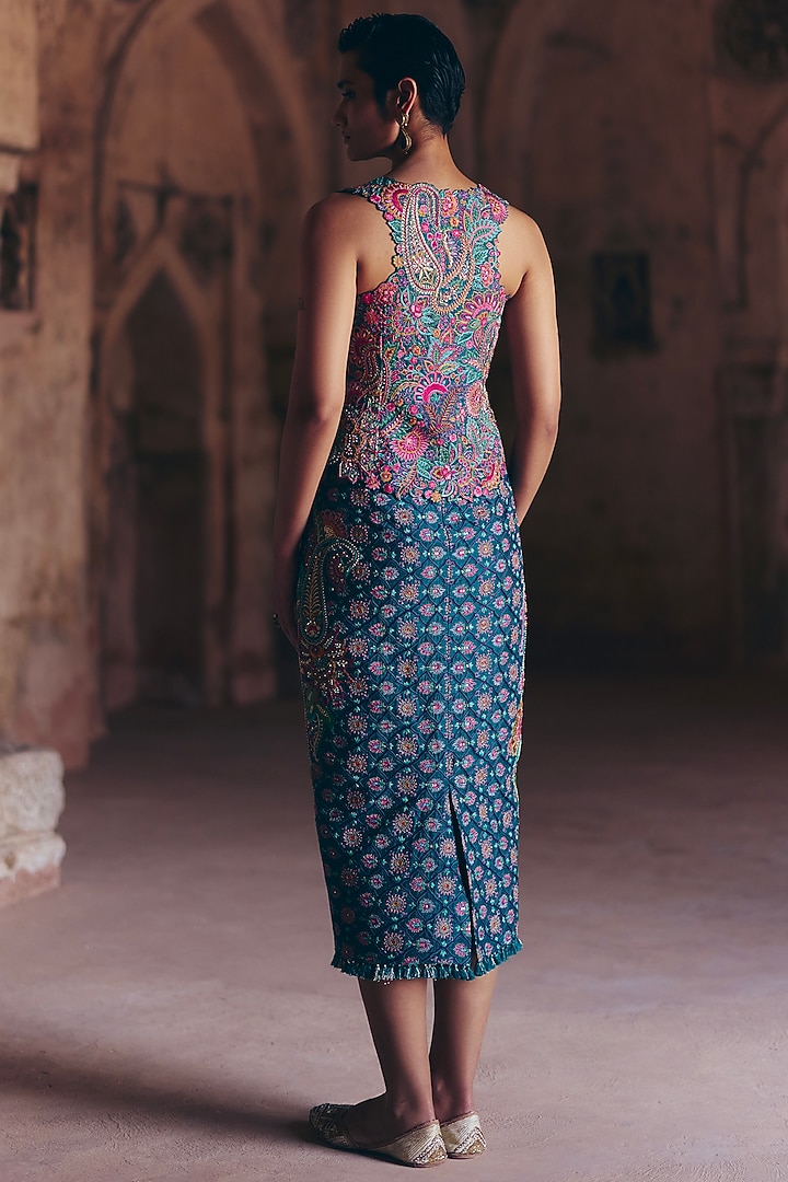 Teal Raw Silk Zardosi & Pearl Embroidered Pencil Skirt Set by Mrunalini Rao at Pernia's Pop Up Shop