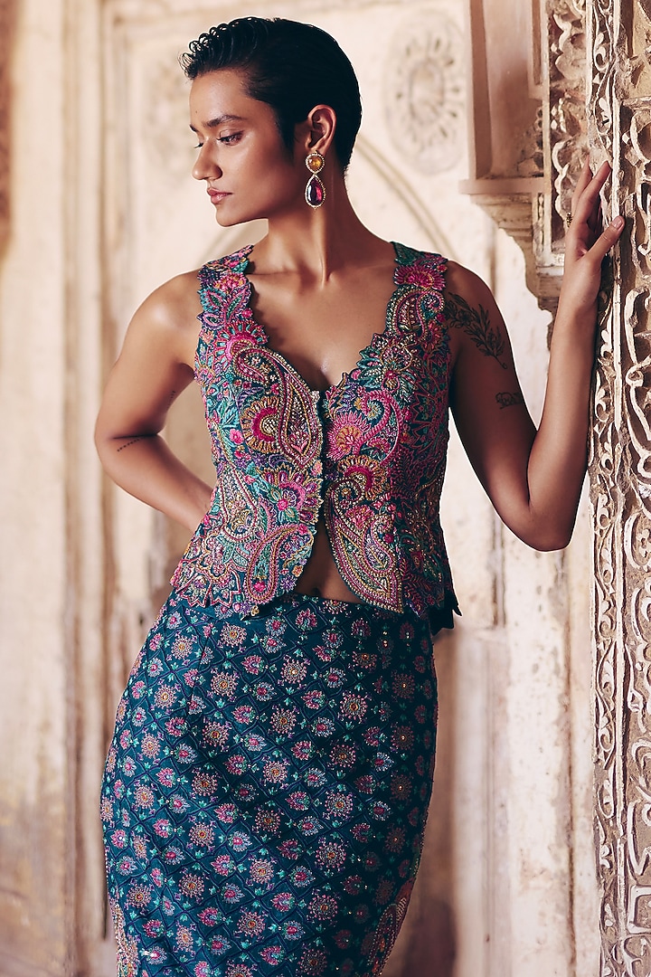 Teal Raw Silk Zardosi & Pearl Embroidered Pencil Skirt Set by Mrunalini Rao at Pernia's Pop Up Shop