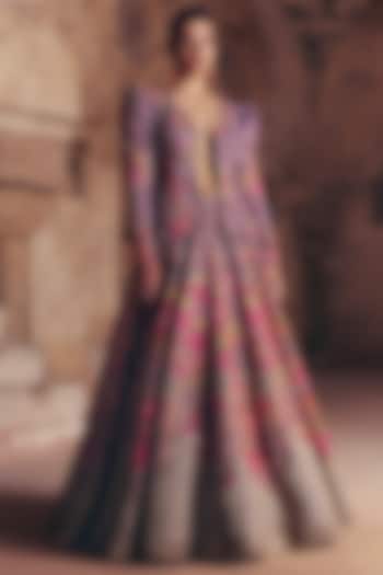 Purple Silk Resham & Zardosi Embroidered Jacket Bridal Lehenga Set by Mrunalini Rao at Pernia's Pop Up Shop