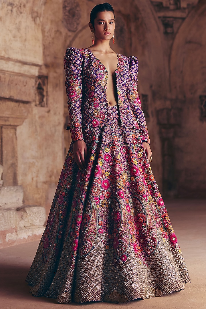 Purple Silk Resham & Zardosi Embroidered Jacket Bridal Lehenga Set by Mrunalini Rao at Pernia's Pop Up Shop