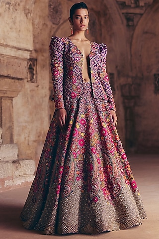 Purple Silk Resham & Zardosi Embroidered Jacket Lehenga Set by Mrunalini Rao