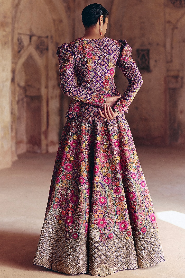 Purple Silk Resham & Zardosi Embroidered Jacket Bridal Lehenga Set by Mrunalini Rao at Pernia's Pop Up Shop