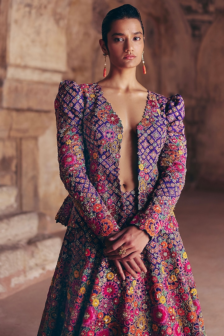 Purple Silk Resham & Zardosi Embroidered Jacket Bridal Lehenga Set by Mrunalini Rao at Pernia's Pop Up Shop