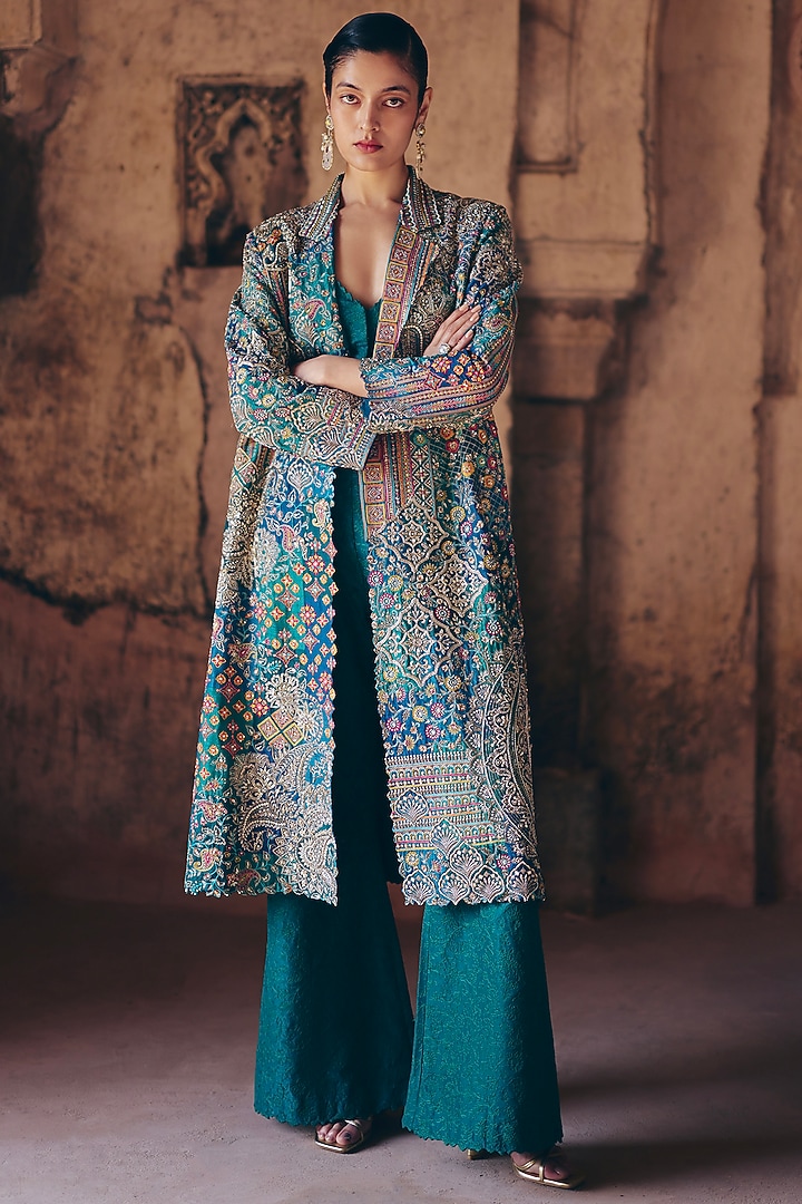Rama Green Silk Resham & Zardosi Embroidered Trench Coat Set by Mrunalini Rao at Pernia's Pop Up Shop