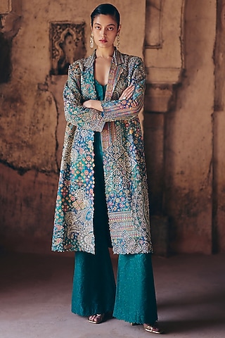 Rama Green Silk Resham & Zardosi Embroidered Trench Coat Set by Mrunalini Rao
