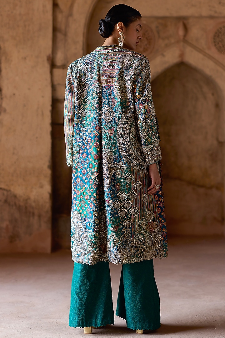 Rama Green Silk Resham & Zardosi Embroidered Trench Coat Set by Mrunalini Rao at Pernia's Pop Up Shop