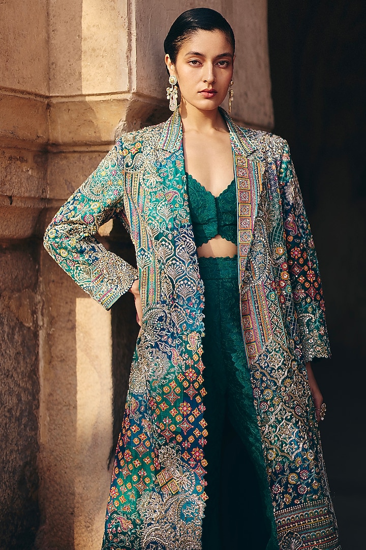 Rama Green Silk Resham & Zardosi Embroidered Trench Coat Set by Mrunalini Rao at Pernia's Pop Up Shop