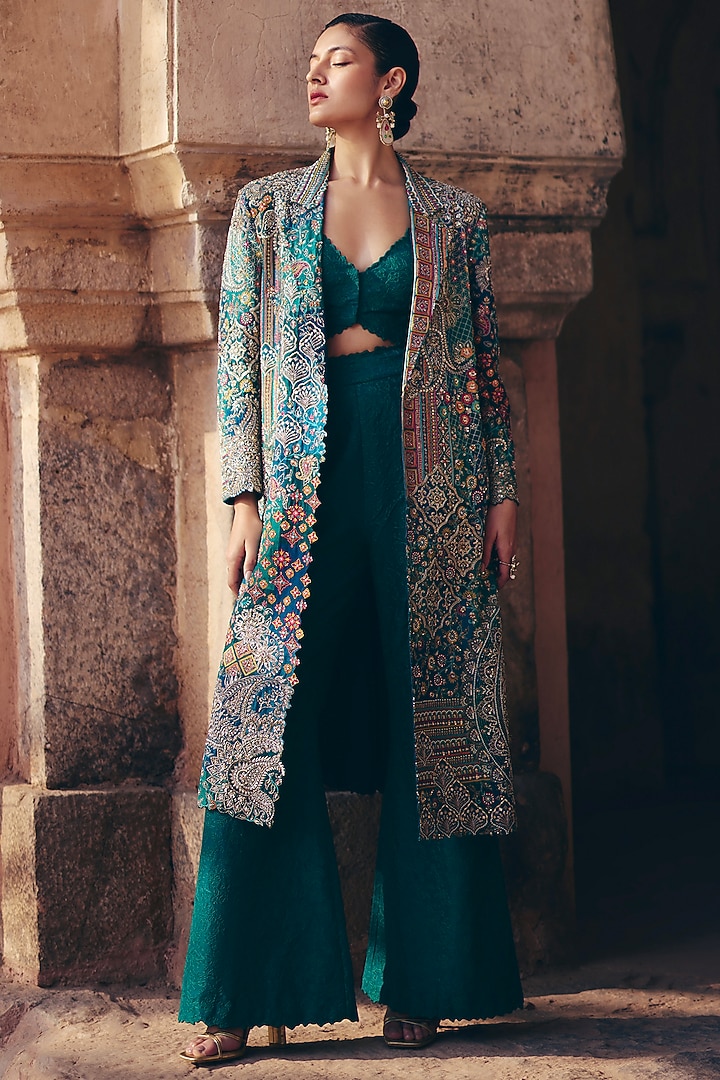 Rama Green Silk Resham & Zardosi Embroidered Trench Coat Set by Mrunalini Rao at Pernia's Pop Up Shop