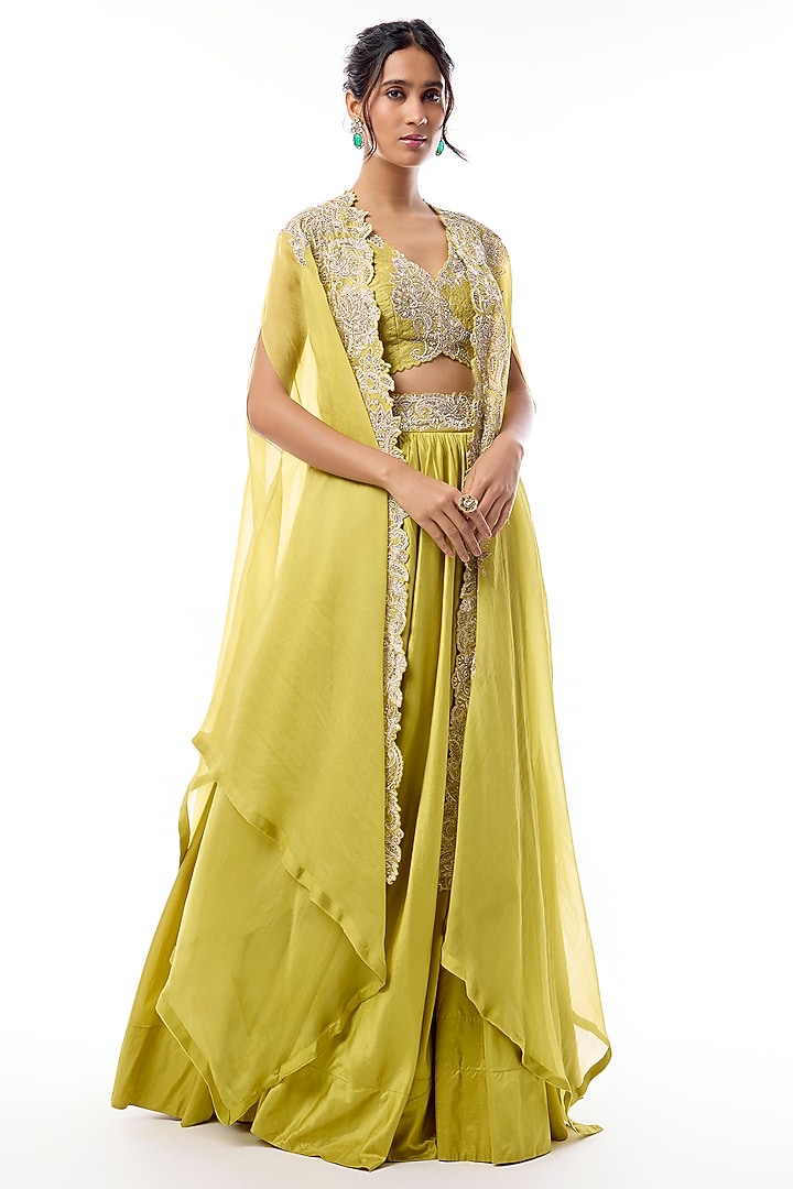 Green Silk Cowl Skirt Set by Mrunalini Rao at Pernia's Pop Up Shop