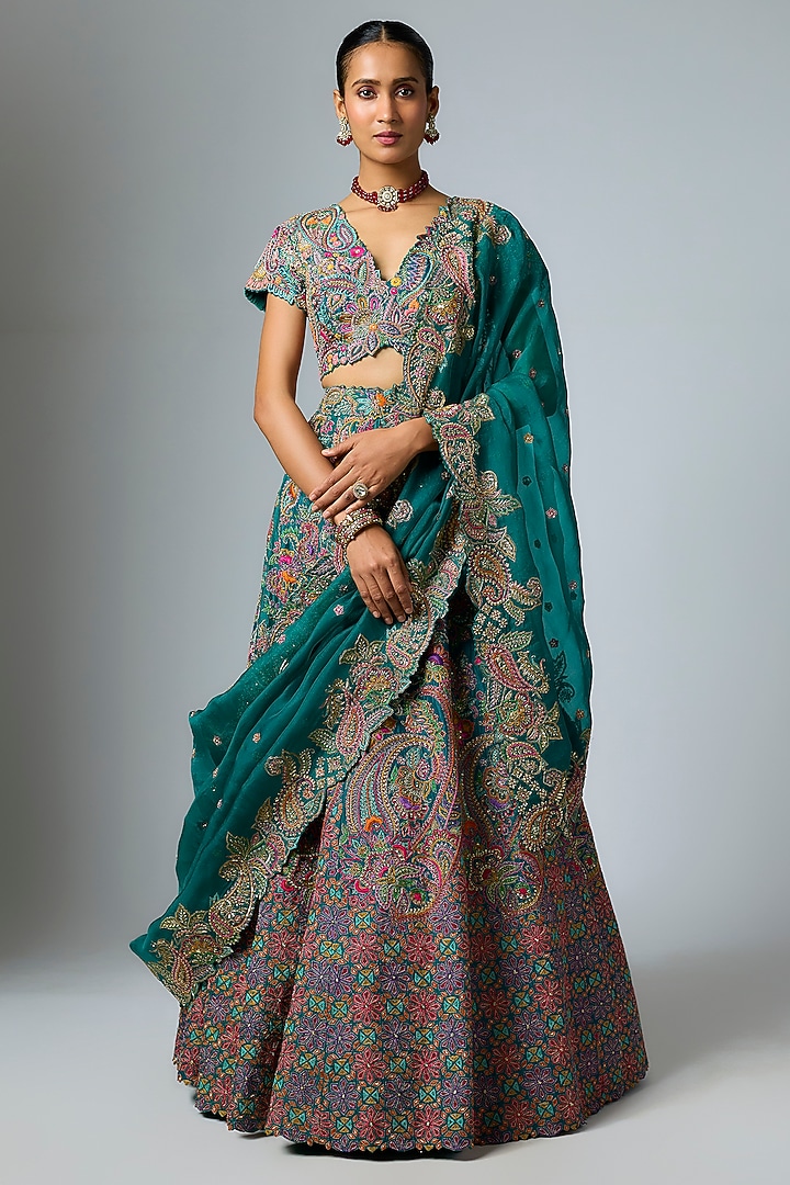 Rama Green Silk Embroidered Bridal Lehenga Set by Mrunalini Rao at Pernia's Pop Up Shop