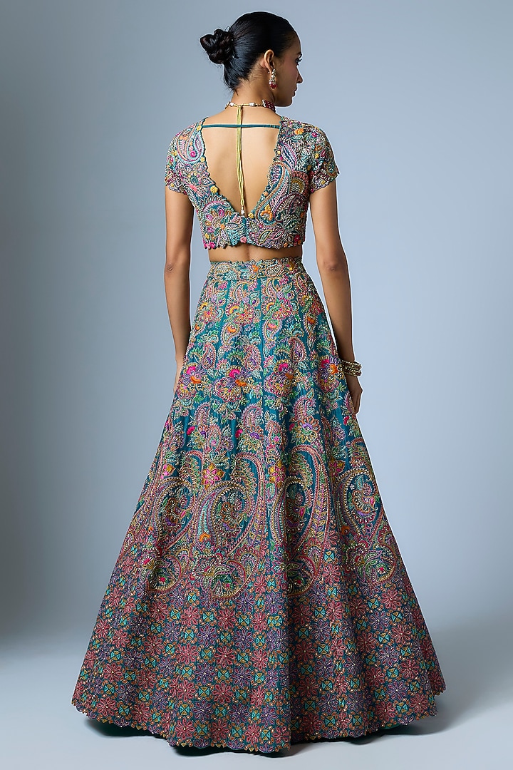 Rama Green Silk Embroidered Bridal Lehenga Set by Mrunalini Rao at Pernia's Pop Up Shop