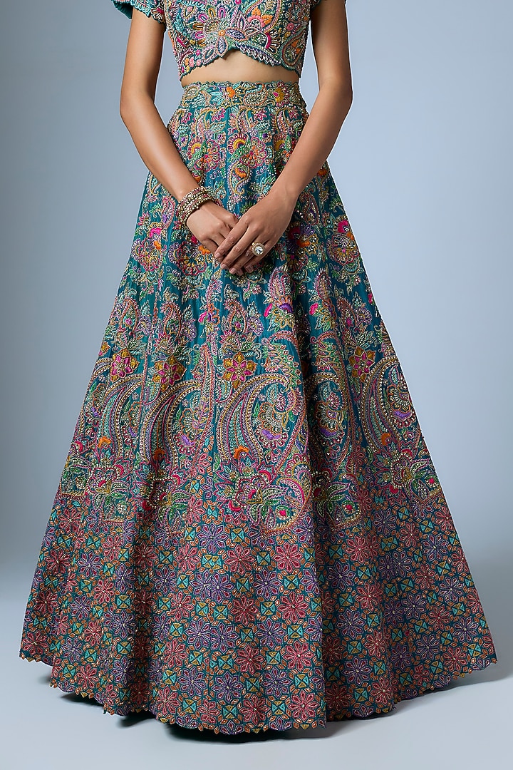 Rama Green Silk Embroidered Bridal Lehenga Set by Mrunalini Rao at Pernia's Pop Up Shop