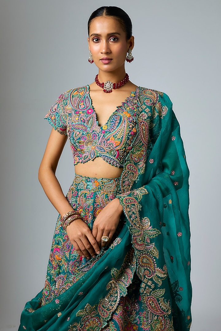 Rama Green Silk Embroidered Bridal Lehenga Set by Mrunalini Rao at Pernia's Pop Up Shop