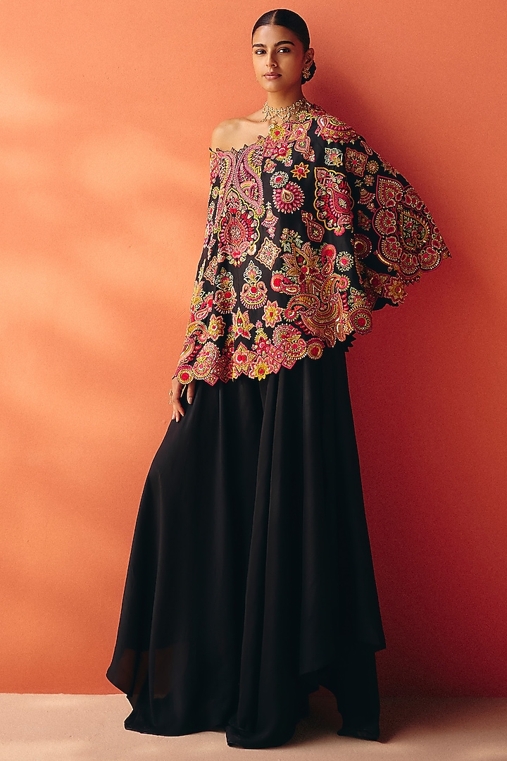 Black Silk Floral Embroidered One-Shoulder Cape Set by Mrunalini Rao at Pernia's Pop Up Shop