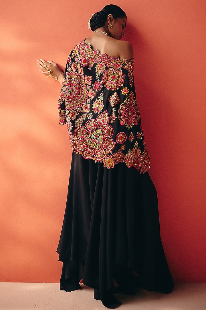 Black Silk Floral Embroidered One-Shoulder Cape Set by Mrunalini Rao at Pernia's Pop Up Shop