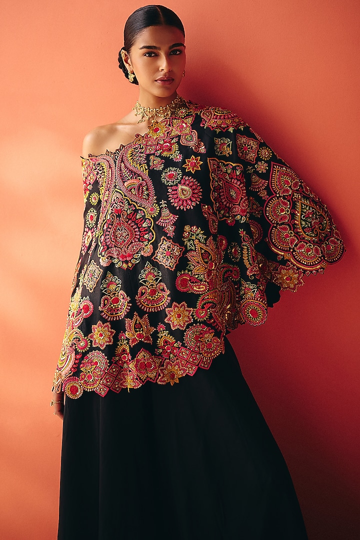 Black Silk Floral Embroidered One-Shoulder Cape Set by Mrunalini Rao at Pernia's Pop Up Shop
