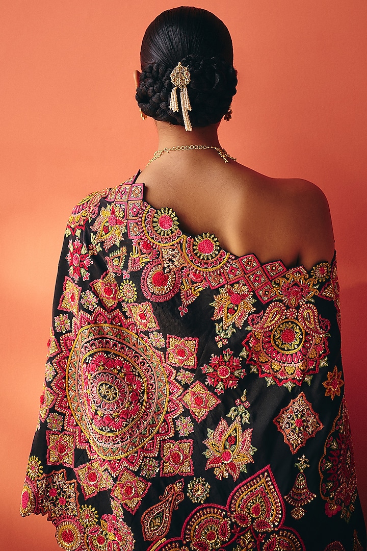Black Silk Floral Embroidered One-Shoulder Cape Set by Mrunalini Rao at Pernia's Pop Up Shop