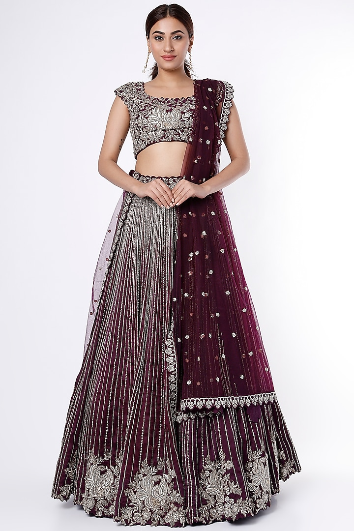 Burgundy Satin Organza Bridal Lehenga Set by Mrunalini Rao at Pernia's Pop Up Shop