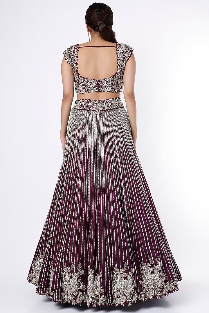 Burgundy Satin Organza Bridal Lehenga Set by Mrunalini Rao at Pernia's Pop Up Shop