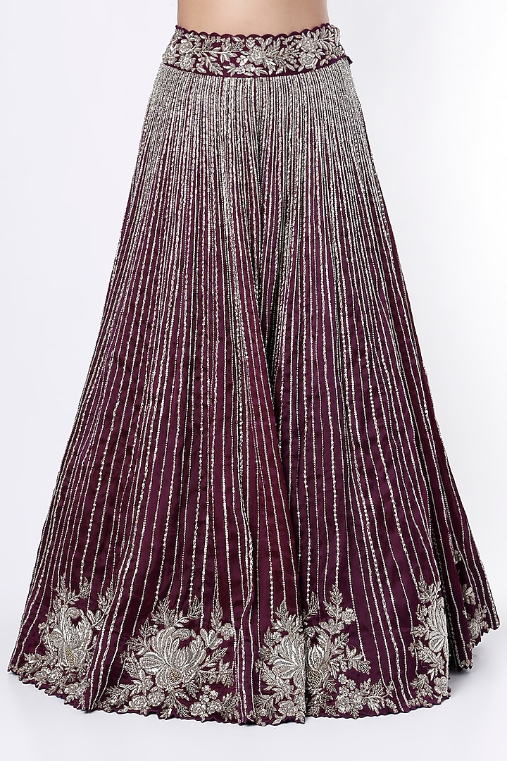 Burgundy Satin Organza Bridal Lehenga Set by Mrunalini Rao at Pernia's Pop Up Shop