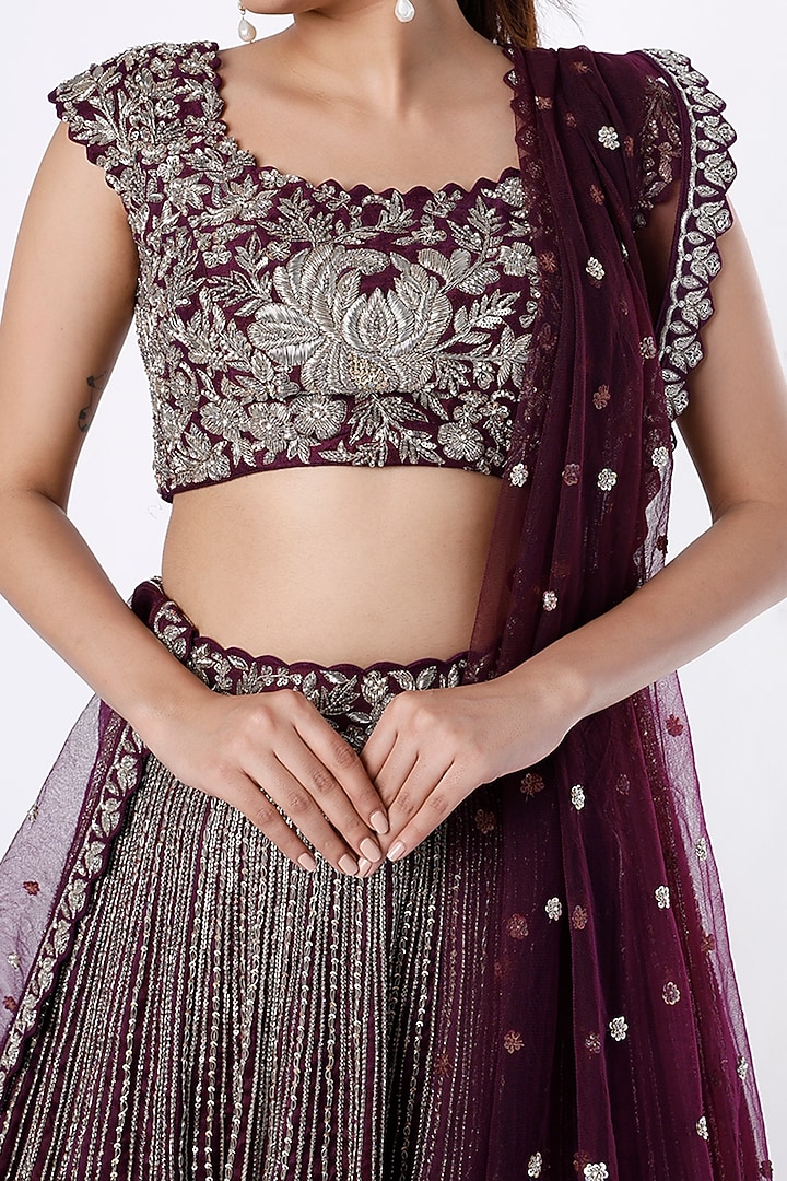 Burgundy Satin Organza Bridal Lehenga Set by Mrunalini Rao at Pernia's Pop Up Shop
